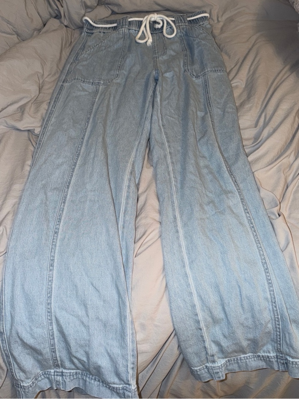 Risen Light Blue Wide Leg Denim Jeans with Drawstring Waist